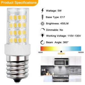 E17 LED Bulb 5W LED Microwave Light Bulb Over Stove Appliance Replacement 40W Halogen for Range Hood, Refrigerator, 120V 450LM, Daylight White 6000K, E17 Intermediate Base, Non-Dimmable, 2 Pack