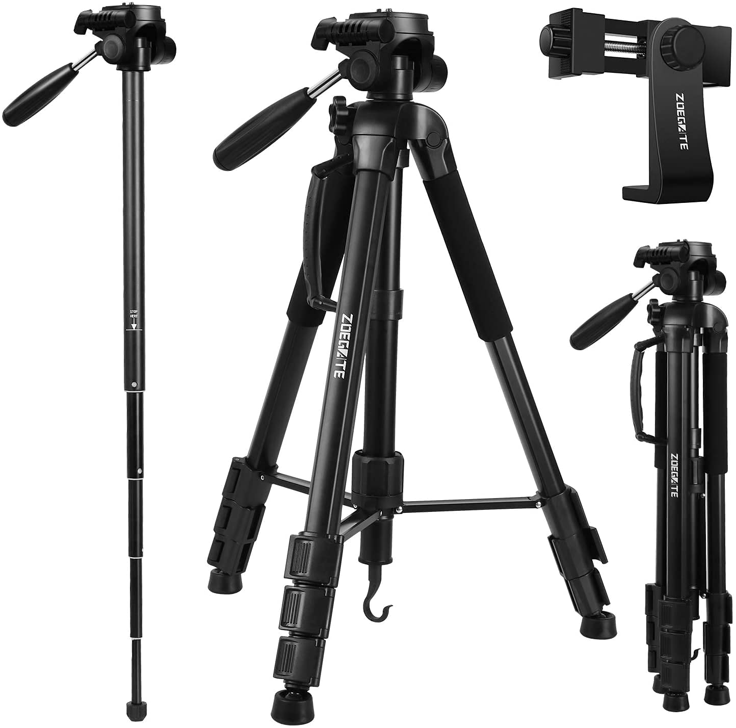 Zoegate Portable Tripod 70"/177cm Travel Camera Tripod Outdoor Compact Aluminum Alloy Video Tripod Monopod with 3-Way Swivel Pan Tilt Head Cellphone Holder Smartphone Clip for Phone