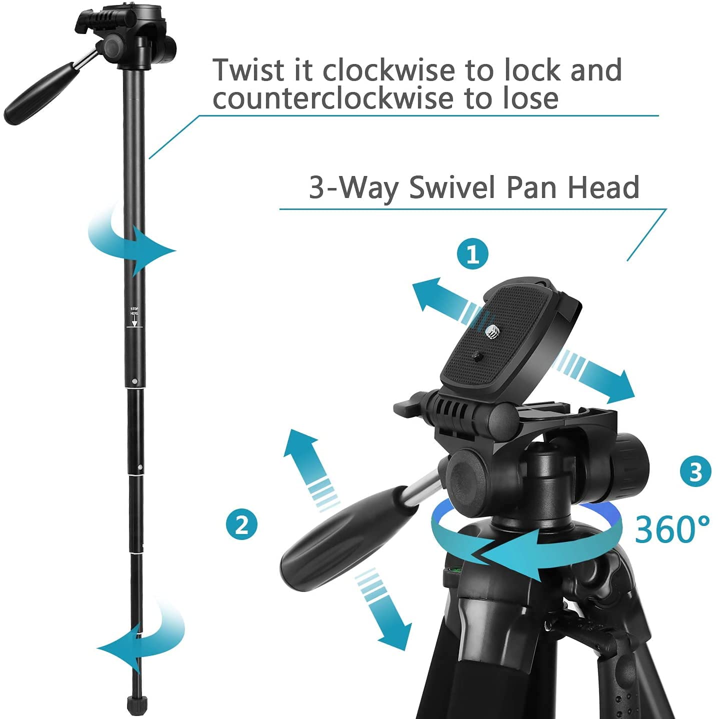 Zoegate Portable Tripod 70"/177cm Travel Camera Tripod Outdoor Compact Aluminum Alloy Video Tripod Monopod with 3-Way Swivel Pan Tilt Head Cellphone Holder Smartphone Clip for Phone