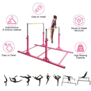 GOFLAME Double Horizontal Bars, Gymnastics Parallel Bars with Adjustable Height and Width, Junior Training Gym Bar for Kids, Ideal for Indoor Outdoor Use (Pink)