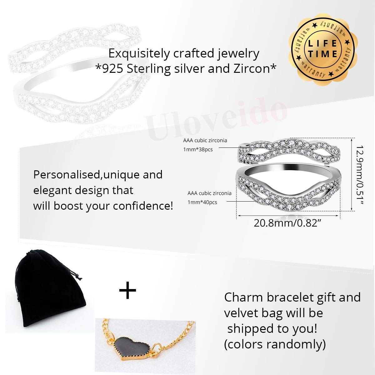 Uloveido 925 Sterling Silver Infinity Wedding Ring Guard Enhancer Double Band Engagement with Cubic Zirconia (Size 7.75)