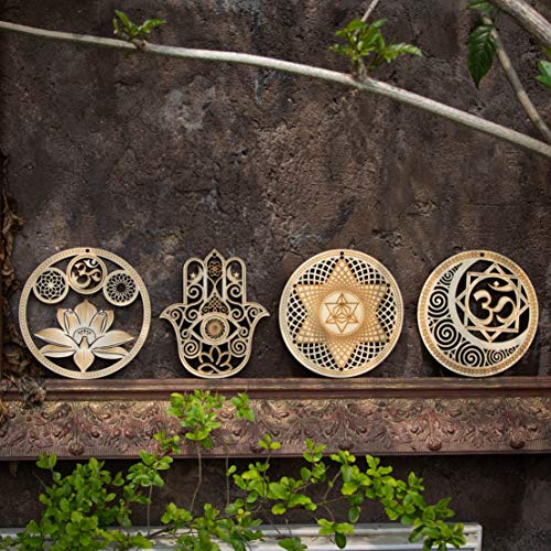 5.31" Sacred Geometry Wall Art 4 PCS Set, (Sacred Lotus, Hamsa Hand, Soul Star, Union Sun Moon) Crystal Grid Meditation Chakra Wooden Wall Art Yoga Decor Spiritual Gifts