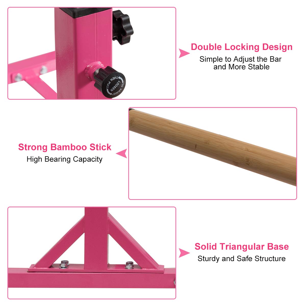 GOFLAME Double Horizontal Bars, Gymnastics Parallel Bars with Adjustable Height and Width, Junior Training Gym Bar for Kids, Ideal for Indoor Outdoor Use (Pink)