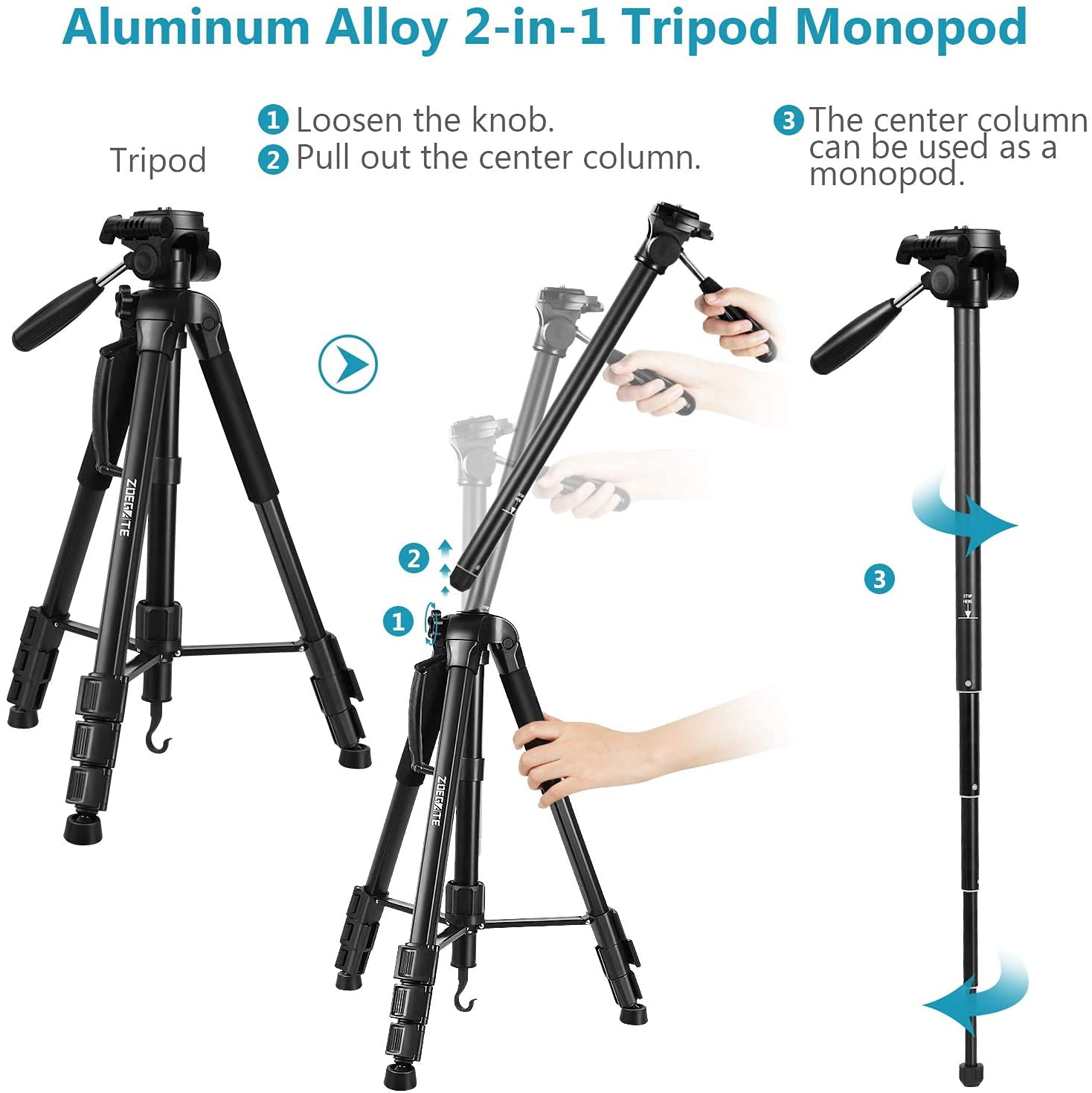 Zoegate Portable Tripod 70"/177cm Travel Camera Tripod Outdoor Compact Aluminum Alloy Video Tripod Monopod with 3-Way Swivel Pan Tilt Head Cellphone Holder Smartphone Clip for Phone