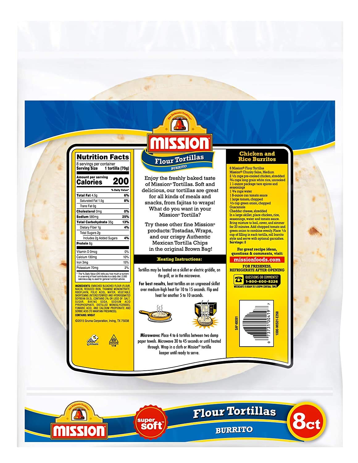 Mission Burrito Flour Tortillas, Trans Fat Free, Authentic, Large Size, 8 Count - 2 Packs