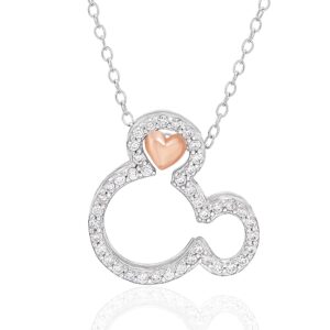 Disney Womens Mickey Mouse Necklace Sterling Silver 18" - Cubic Zirconia Mickey Mouse and Pink Heart Pendant Necklace Jewelry for Women