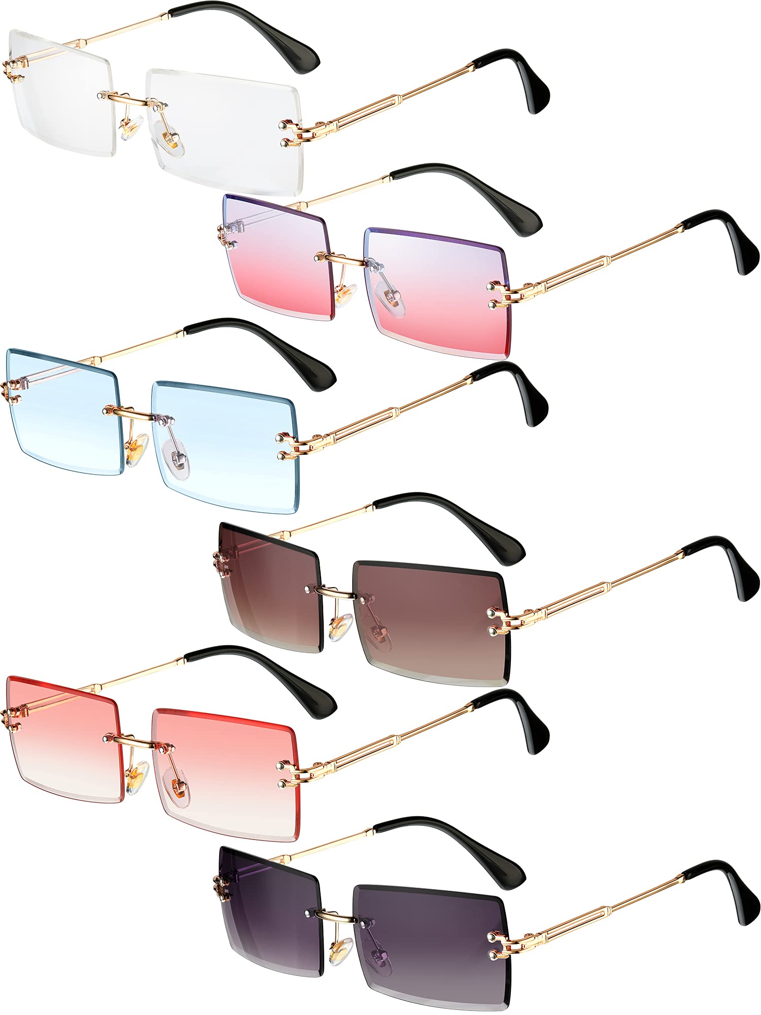 Weewooday 6 Pairs Rimless Rectangle Sunglasses for Women Men Vintage Chic Frameless Square Glasses Unisex Glasses Eyewear(Chic Colors)