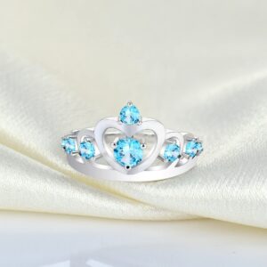 YL Crown Rings 925 Sterling Silver Heart Engagement Rings Queen Created Aquamarine Anniversary Jewelry-size6