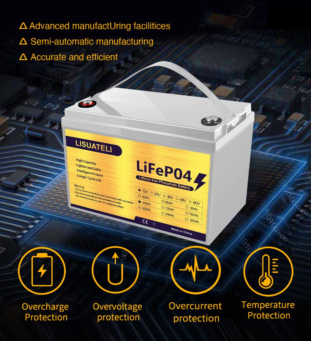 LISUATELI LiFePO4 Battery lithium batteries 12v100AH over 8000 Deep Cycles Iron Phosphate Battery Low Temp Protection Support in Series/Parallel for RV Camper Solar Golf Cart Marine Battery 100A BMS