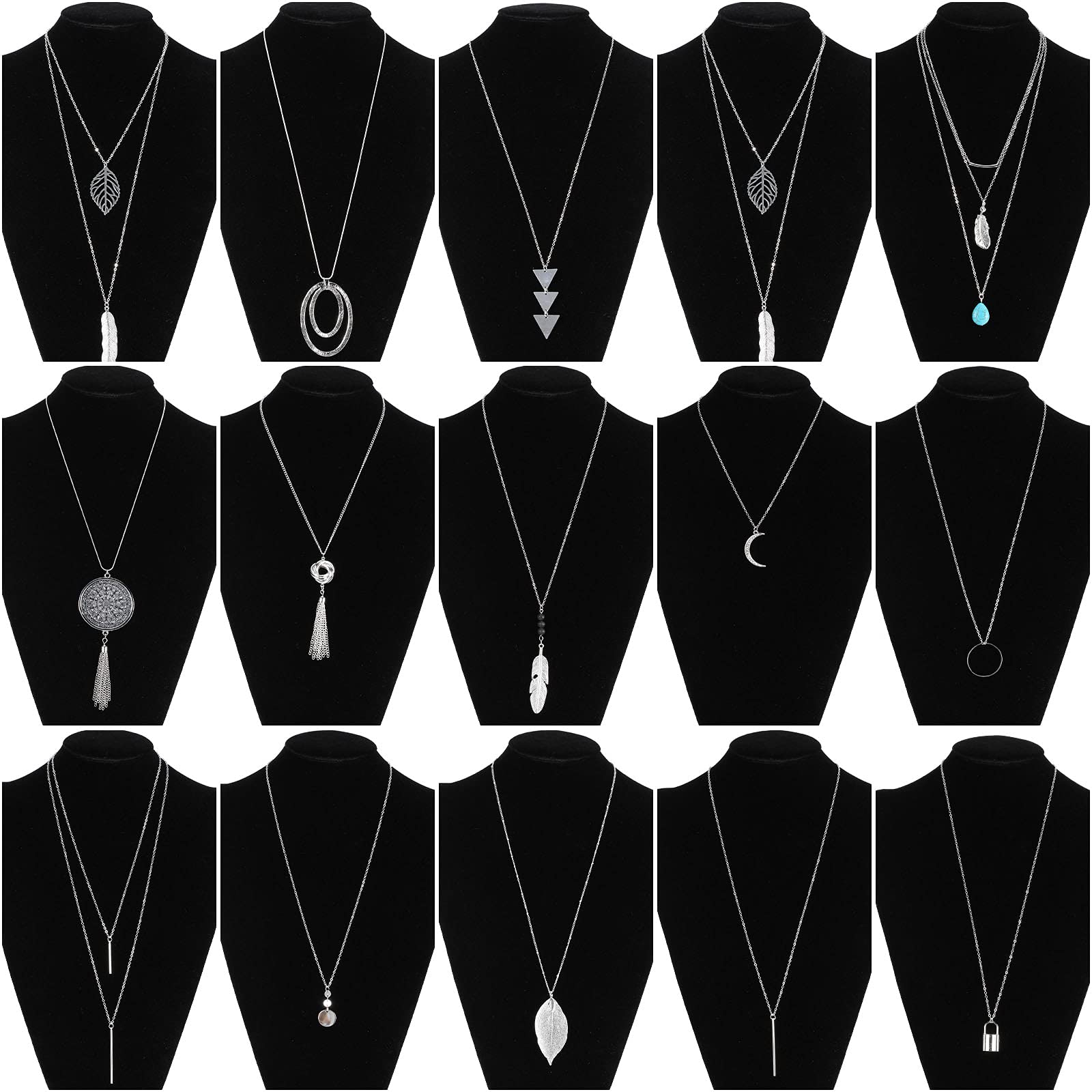 Hicarer 15 Pieces Long Pendant Necklace Set Silver Sweater Necklace Silver Plated Moon Tassel Lock Shape Sweater Punk Chain Choker Necklace for Women Men (Stylish Style)