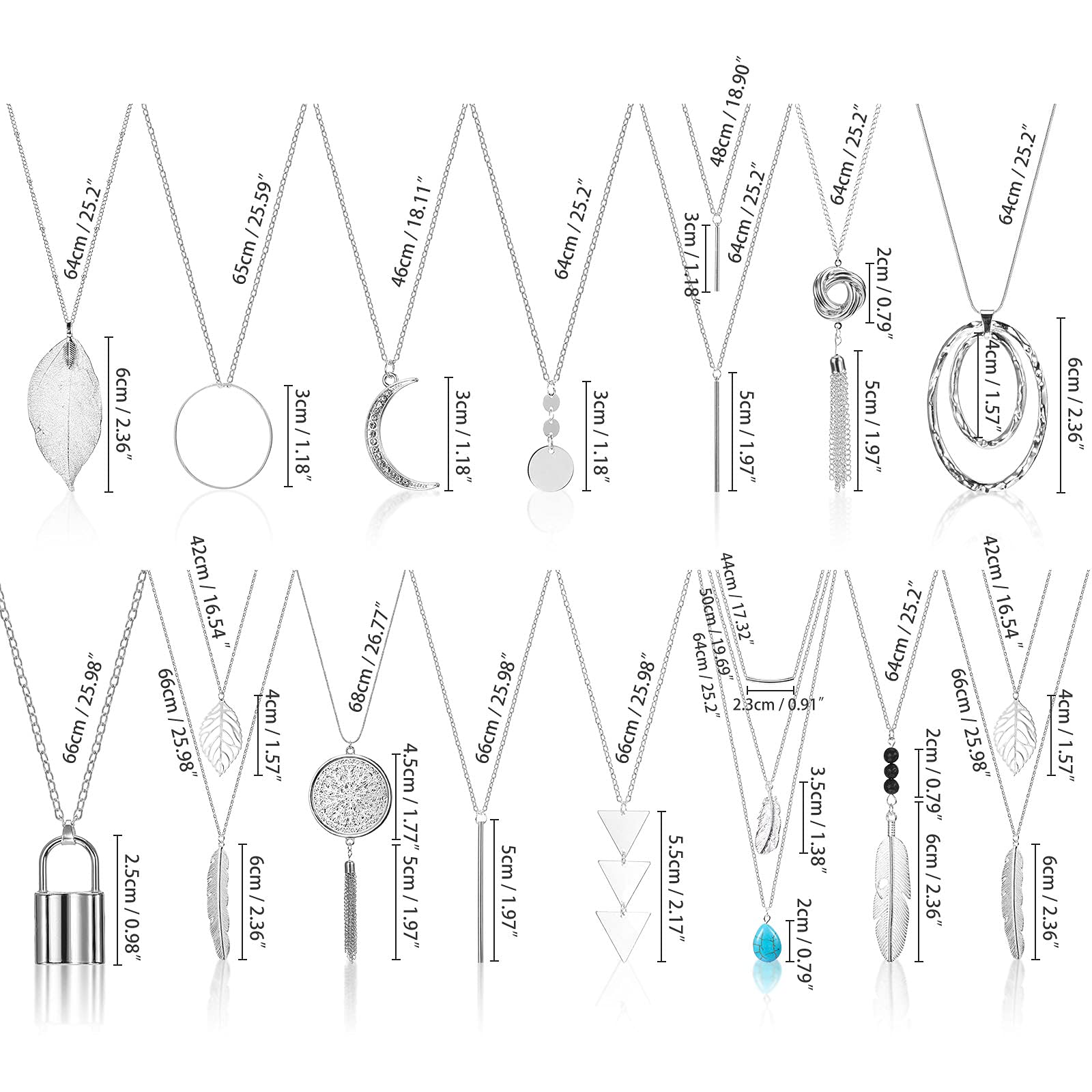 Hicarer 15 Pieces Long Pendant Necklace Set Silver Sweater Necklace Silver Plated Moon Tassel Lock Shape Sweater Punk Chain Choker Necklace for Women Men (Stylish Style)