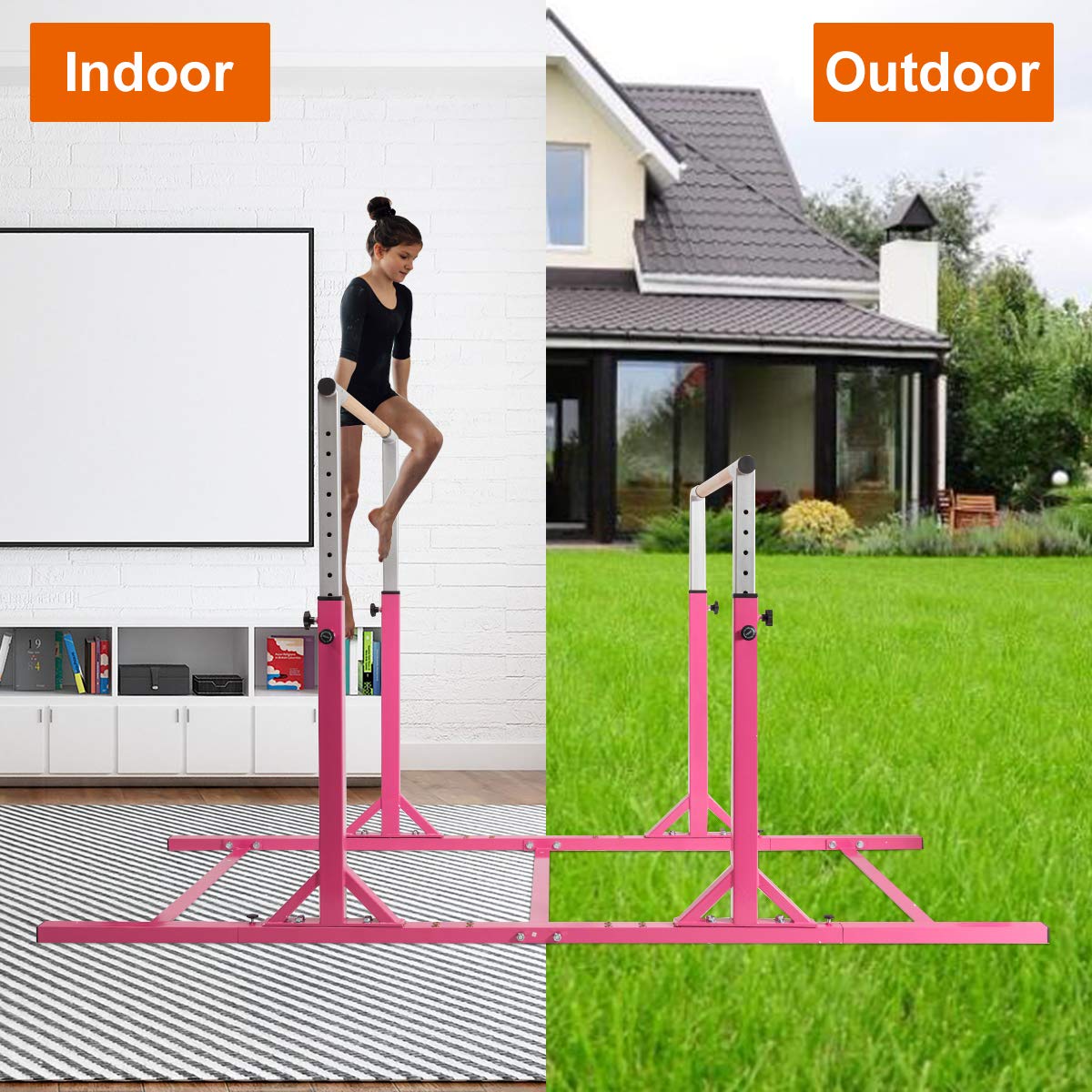 GOFLAME Double Horizontal Bars, Gymnastics Parallel Bars with Adjustable Height and Width, Junior Training Gym Bar for Kids, Ideal for Indoor Outdoor Use (Pink)