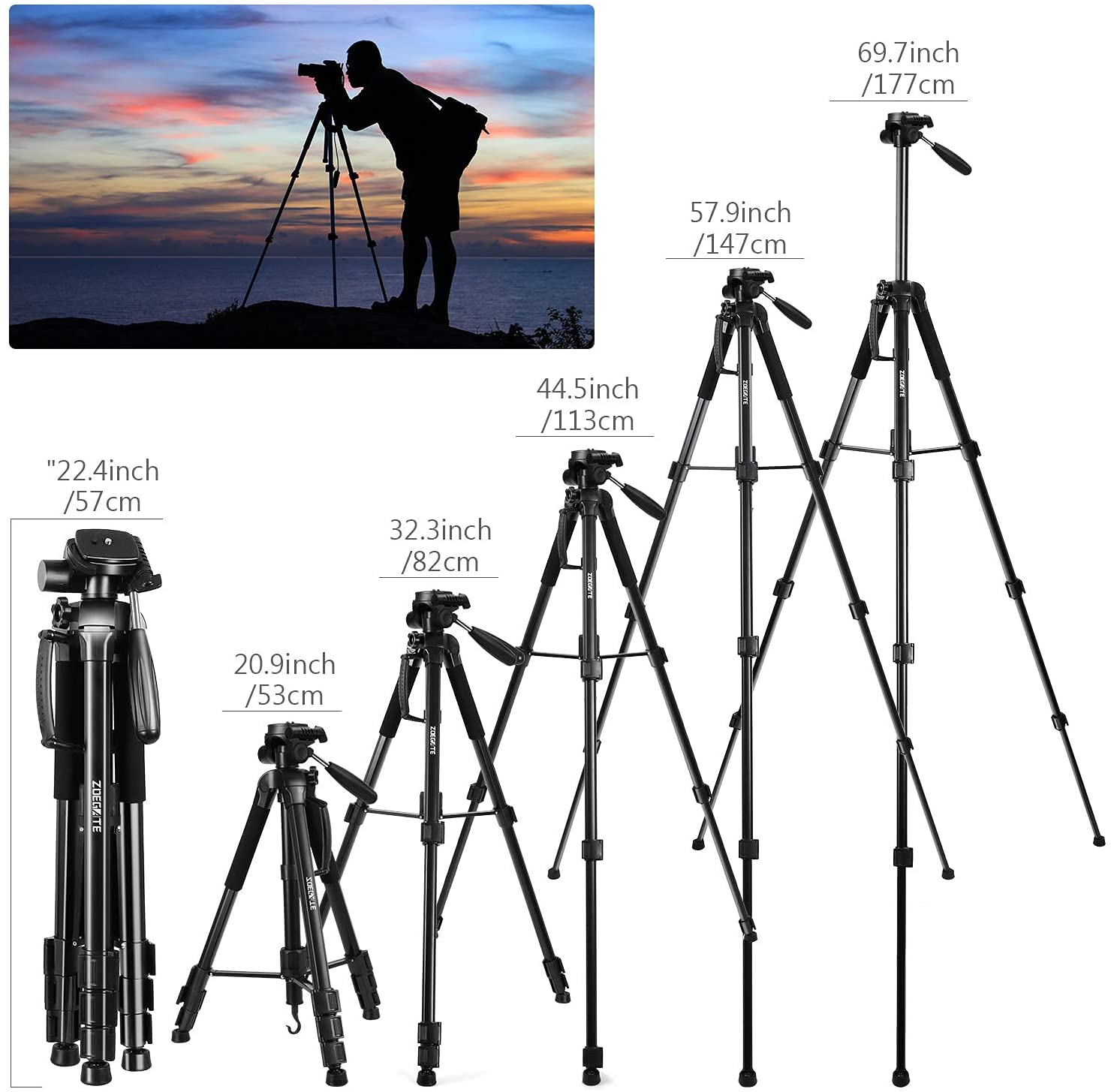 Zoegate Portable Tripod 70"/177cm Travel Camera Tripod Outdoor Compact Aluminum Alloy Video Tripod Monopod with 3-Way Swivel Pan Tilt Head Cellphone Holder Smartphone Clip for Phone