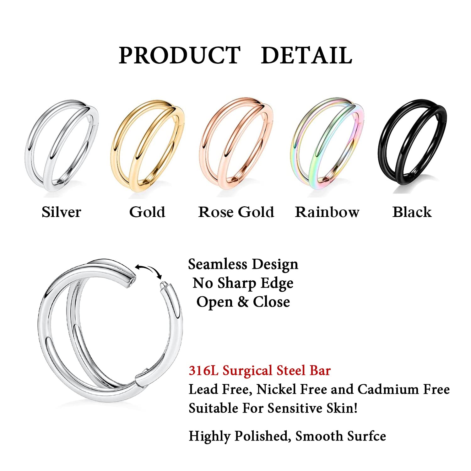 FUNLMO Septum Clicker Nose Rings Triple Double Open Stack Conch Daith Piercing Jewelry Cartilage Earring Hoop Surgical Steel Conch Daith Helix Rook Lobe Earring 18G 16G