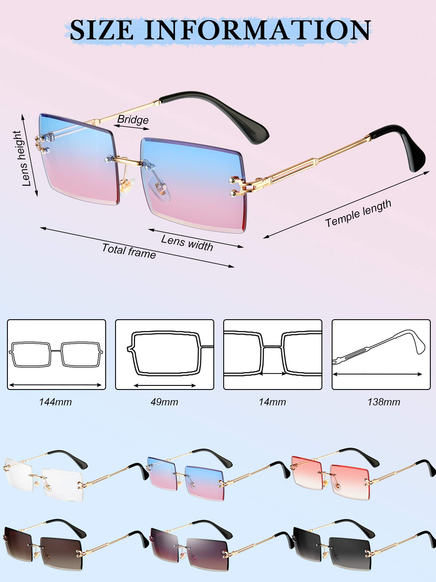 Weewooday 6 Pairs Rimless Rectangle Sunglasses for Women Men Vintage Chic Frameless Square Glasses Unisex Glasses Eyewear(Stylish Colors)