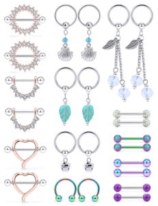 vsnnsns 14g nipple rings nipplering for women 14mm stainless steel chain dangle captive nipple rings straight tongue ring piercing barbell hoop nipple rings cz heart shape piercing jewelry 12 pairs