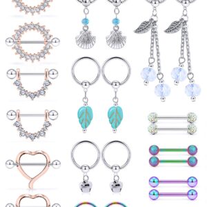 Vsnnsns 14G Nipple Rings Nipplering for Women 14mm Stainless Steel Chain Dangle Captive Nipple Rings Straight Tongue Ring Piercing Barbell Hoop Nipple Rings CZ Heart Shape Piercing Jewelry 12 Pairs