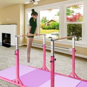 GOFLAME Double Horizontal Bars, Gymnastics Parallel Bars with Adjustable Height and Width, Junior Training Gym Bar for Kids, Ideal for Indoor Outdoor Use (Pink)