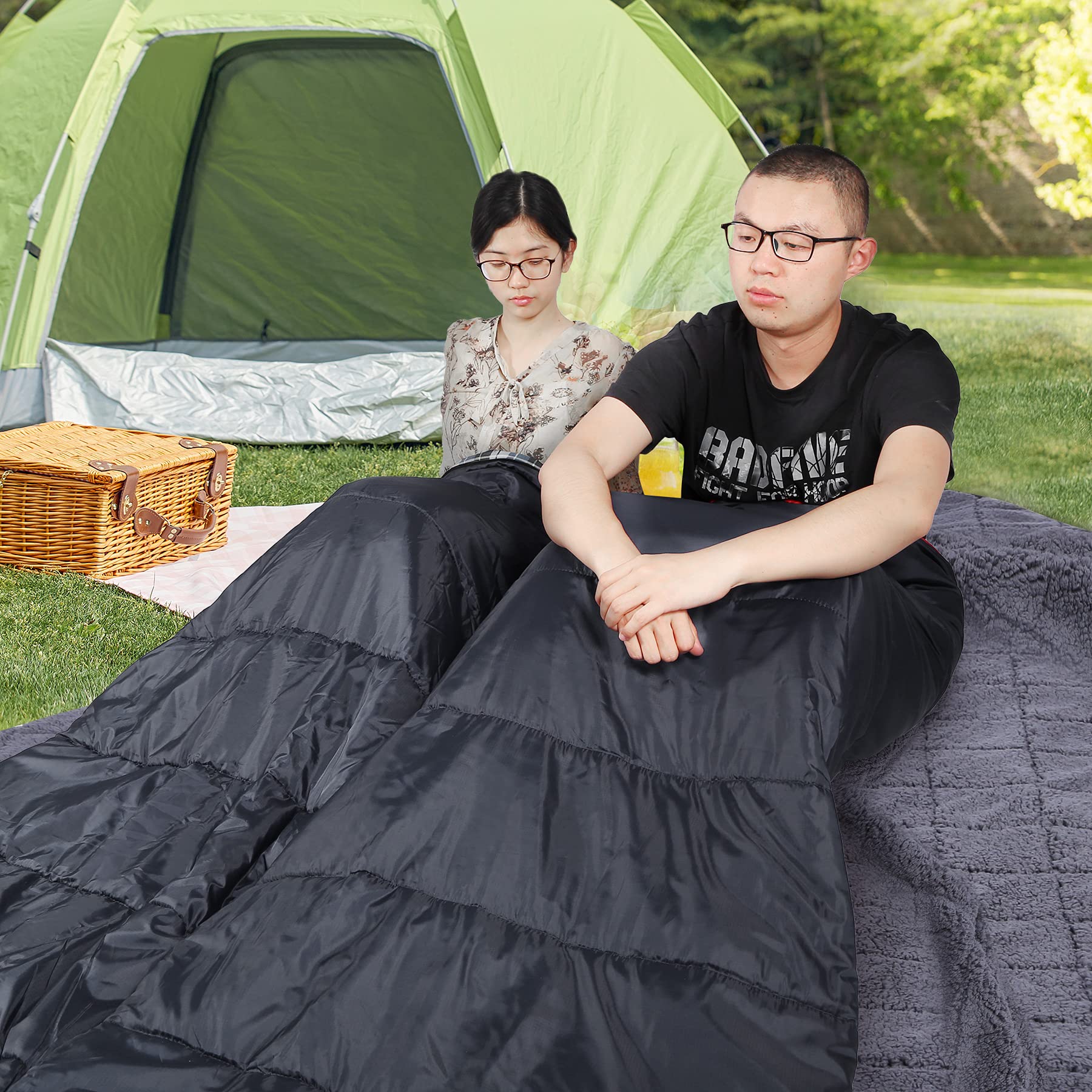 REDCAMP Large Cotton Double Sleeping Bag for Adults, 2 Person Cold Weather Warm Queen Size Flannel Sleeping Bags for Camping, Black