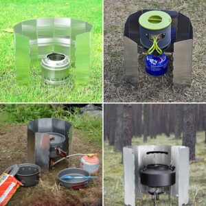 2 Pack Folding Camp Stove Windscreen, 12 Plates Aluminum Outdoor Camping Stove Windshield with Carrying Bag, Portable Butane Burner Windshield for Camping Picnic Backpacking Cooking