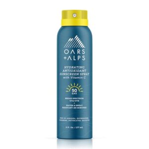 oars + alps hydrating spf 50 sunscreen spray, infused with vitamin c and antioxidants, water and sweat resistant, 6 oz, 1 pack