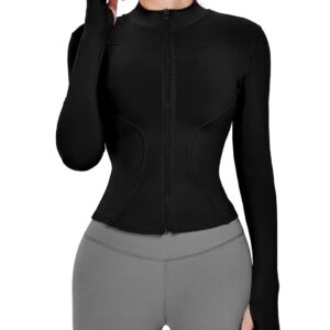 Locachy Women's Lightweight Stretchy Workout Full Zip Running Track Jacket with Thumb Holes Black S