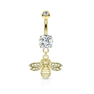 Pierced Owl 14GA 316L Stainless Steel Bumble Bee with AB Crystal Paved Wings Double Jeweled Dangling Belly Button Ring (Gold Tone)