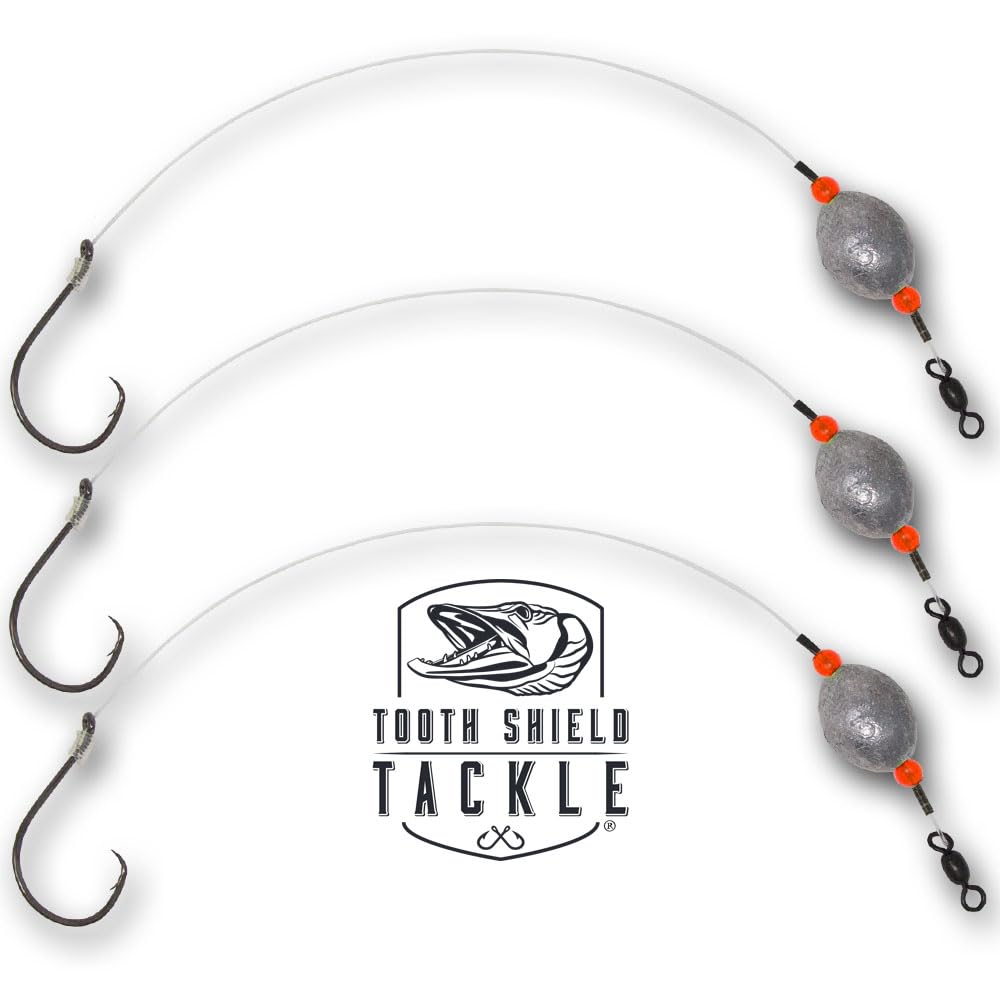 3 Pack Tooth Shield Tackle Carolina Drum Rig Redfish Rig Catfish [80lb Fluorocarbon - 8/0 Circle Hook] 3/4 oz Weight Offshore Saltwater Big Game Grouper Snapper Leaders Rigs Bottom Fishing [Red]