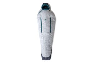 nemo kayu | women's 15 degree down sleeping bag, aluminum/lagoon, regular