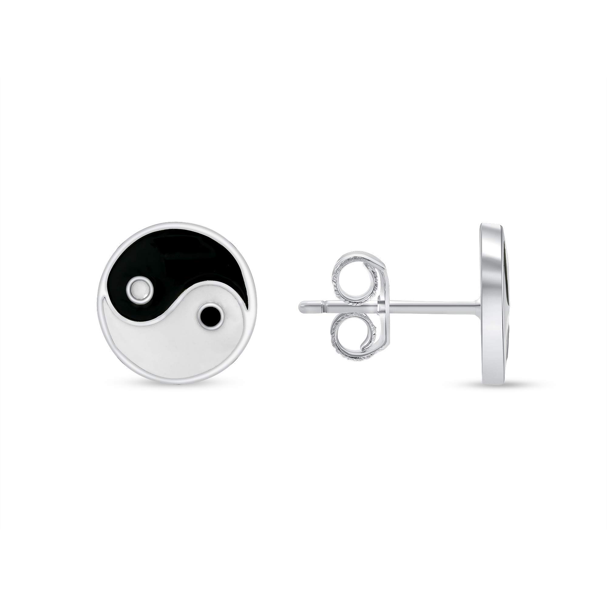 925 Sterling Silver Yin and Yang Enamel Stud Push Back Earrings