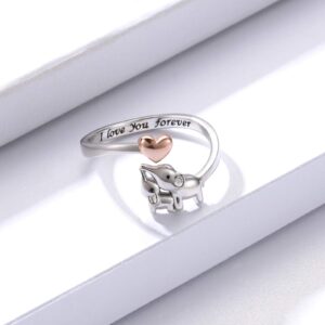 Mom Daughter Elephant Ring 925 Sterling Silver Adjustable Love Heart Finger Rings Pendant for Women Wife Mom Nana Daughter Jewelry Gift (Rose gold heart, Size 6-9)