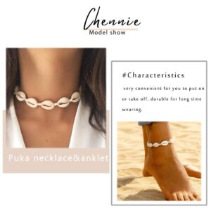 Chennie Boho Cowrie Shell Choker Necklace Beach Puka Seashell Necklaces Adjustable Rope Jewelry with Anklets for Women (A Ivory)