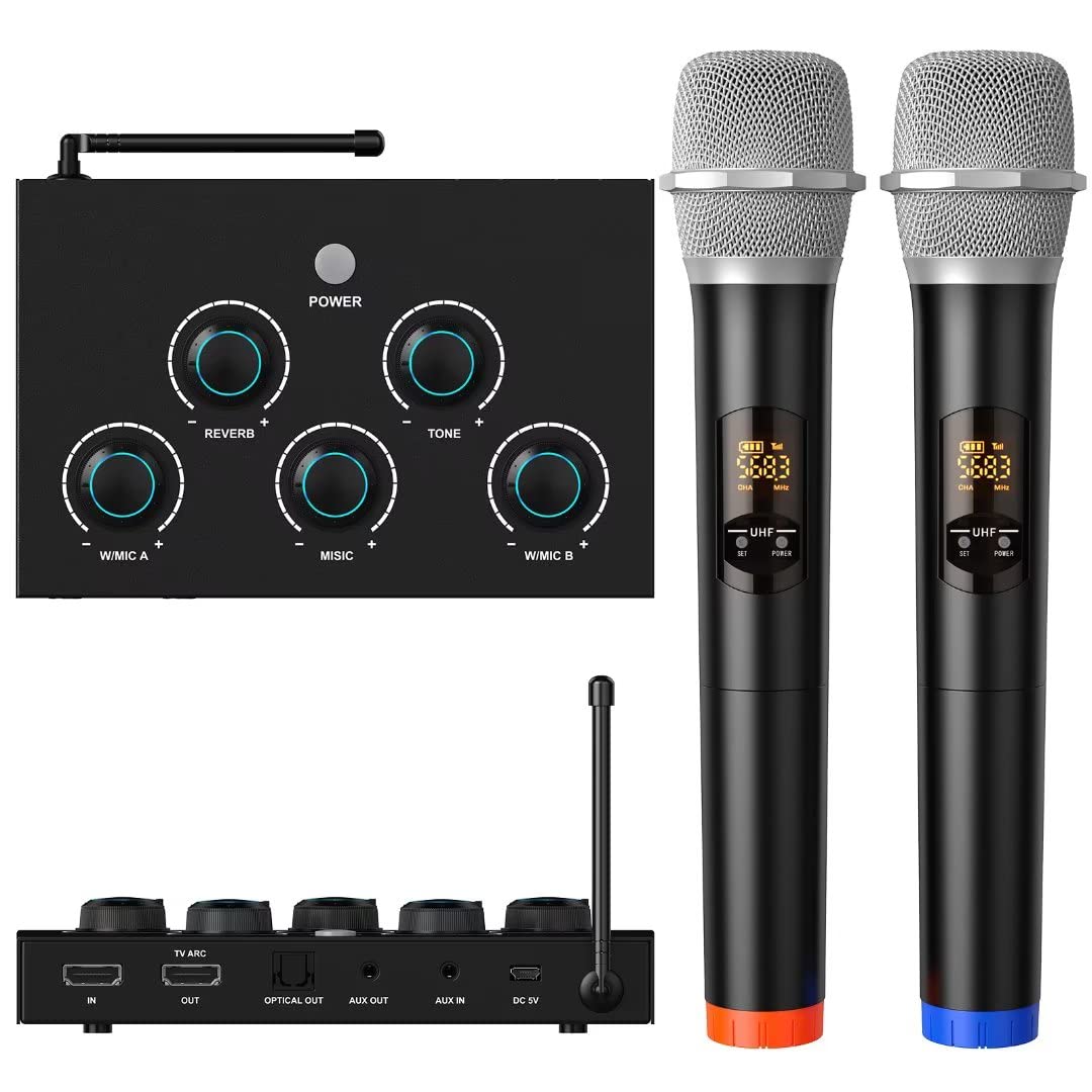 DIGITNOW!Portable Karaoke Microphone Mixer System Set, with Dual UHF Wireless Mic, HDMI-ARC/Optical/AUX & HDMI In/Out in Singing Receiver for Smart TV, PC, KTV, Home Theater, Amplifier, Speaker