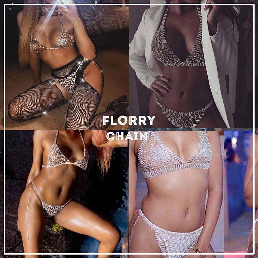 Florry Sparkly Crystal Bra Silver Body Chains Sexy Bikini Harness Body Jewelry Rave Beach Nightclub Body Accessories for Women and Girls