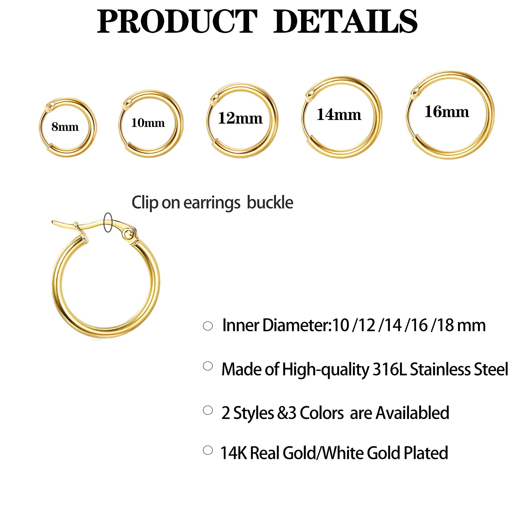 Senteria 10 Pairs Small Hoop Earrings for Women Stainless Steel Gold Silver Black Hypoallergenic Hoop Earrings Huggie Endless Hoop Earrings Set for Men 8/10/12/14/16mm