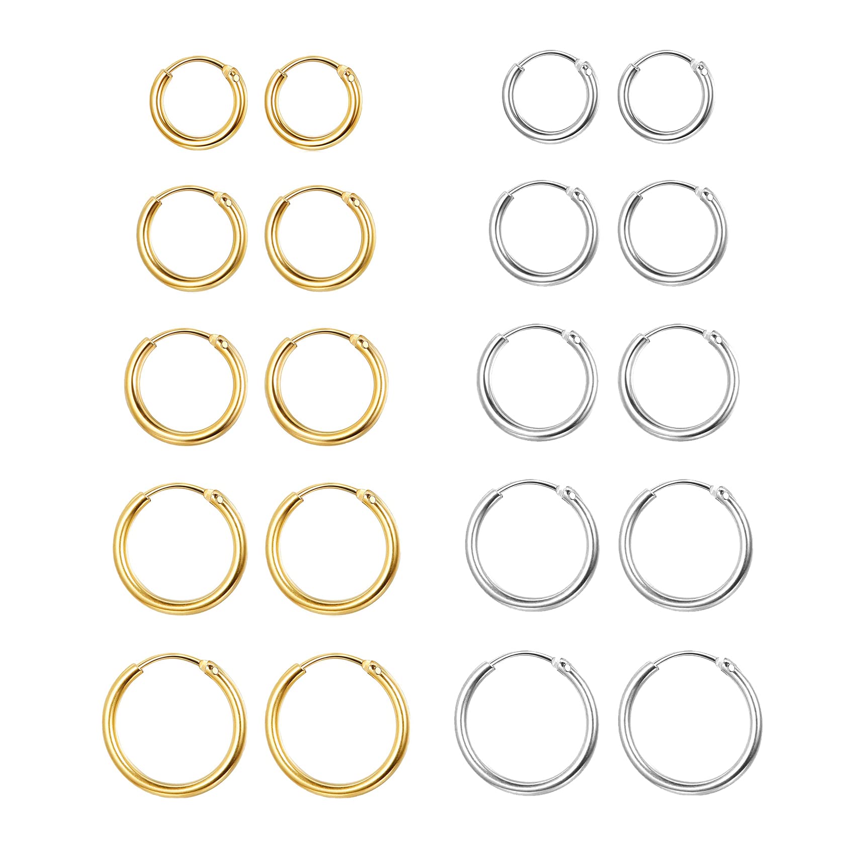 Senteria 10 Pairs Small Hoop Earrings for Women Stainless Steel Gold Silver Black Hypoallergenic Hoop Earrings Huggie Endless Hoop Earrings Set for Men 8/10/12/14/16mm