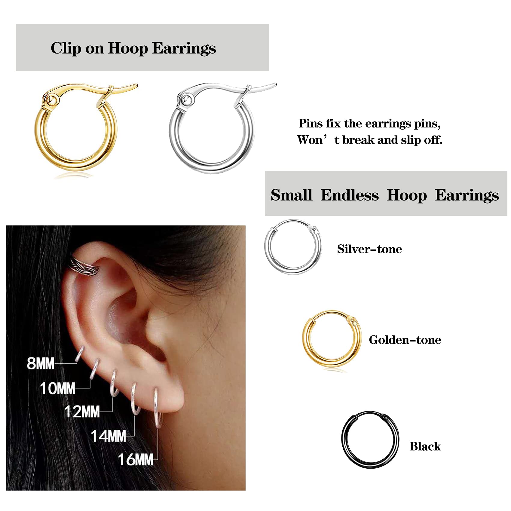 Senteria 10 Pairs Small Hoop Earrings for Women Stainless Steel Gold Silver Black Hypoallergenic Hoop Earrings Huggie Endless Hoop Earrings Set for Men 8/10/12/14/16mm