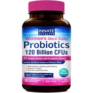 innate vitality women's probiotics, 120 billion cfu, 32 tested strains, probiotics for women, yeast control, vaginal ph support, prebiotics, digestive enzymes, cranberry, once daily 30 veggie capsules