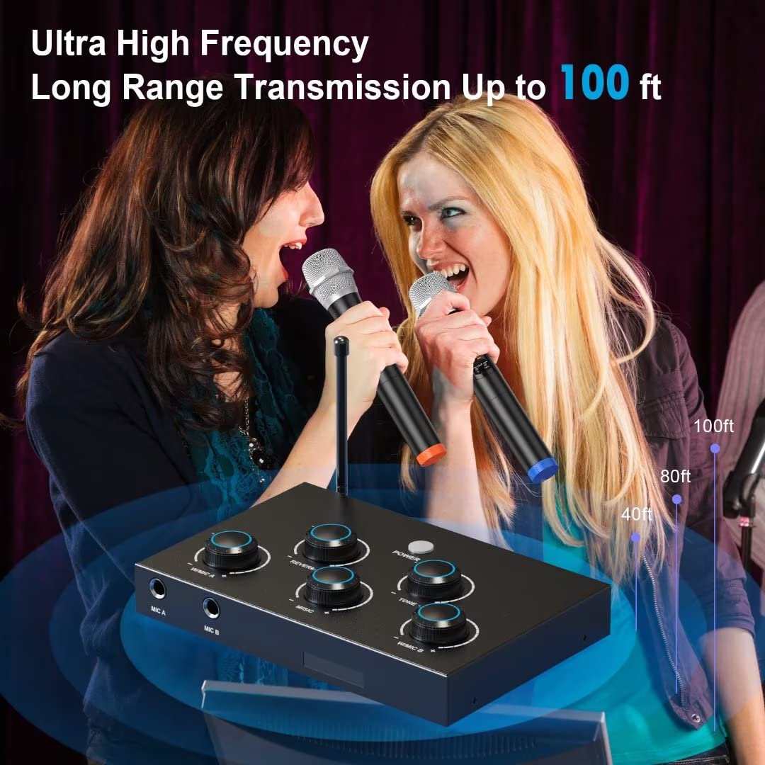 DIGITNOW!Portable Karaoke Microphone Mixer System Set, with Dual UHF Wireless Mic, HDMI-ARC/Optical/AUX & HDMI In/Out in Singing Receiver for Smart TV, PC, KTV, Home Theater, Amplifier, Speaker