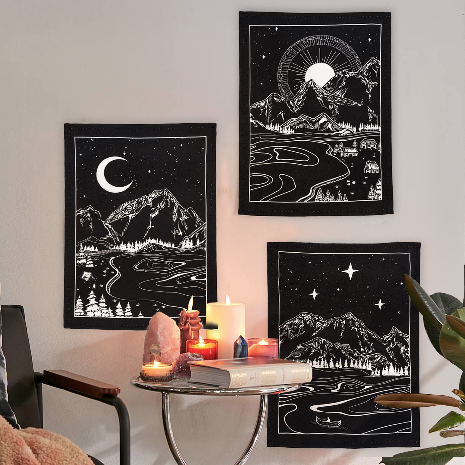 Lifeel 3Pack Sun and Moon and Star Landscape Tapestry Wall Hanging, Vertical Black and White Aesthetic Tapestries For Bedroom Home Wall decor 20×27 inch