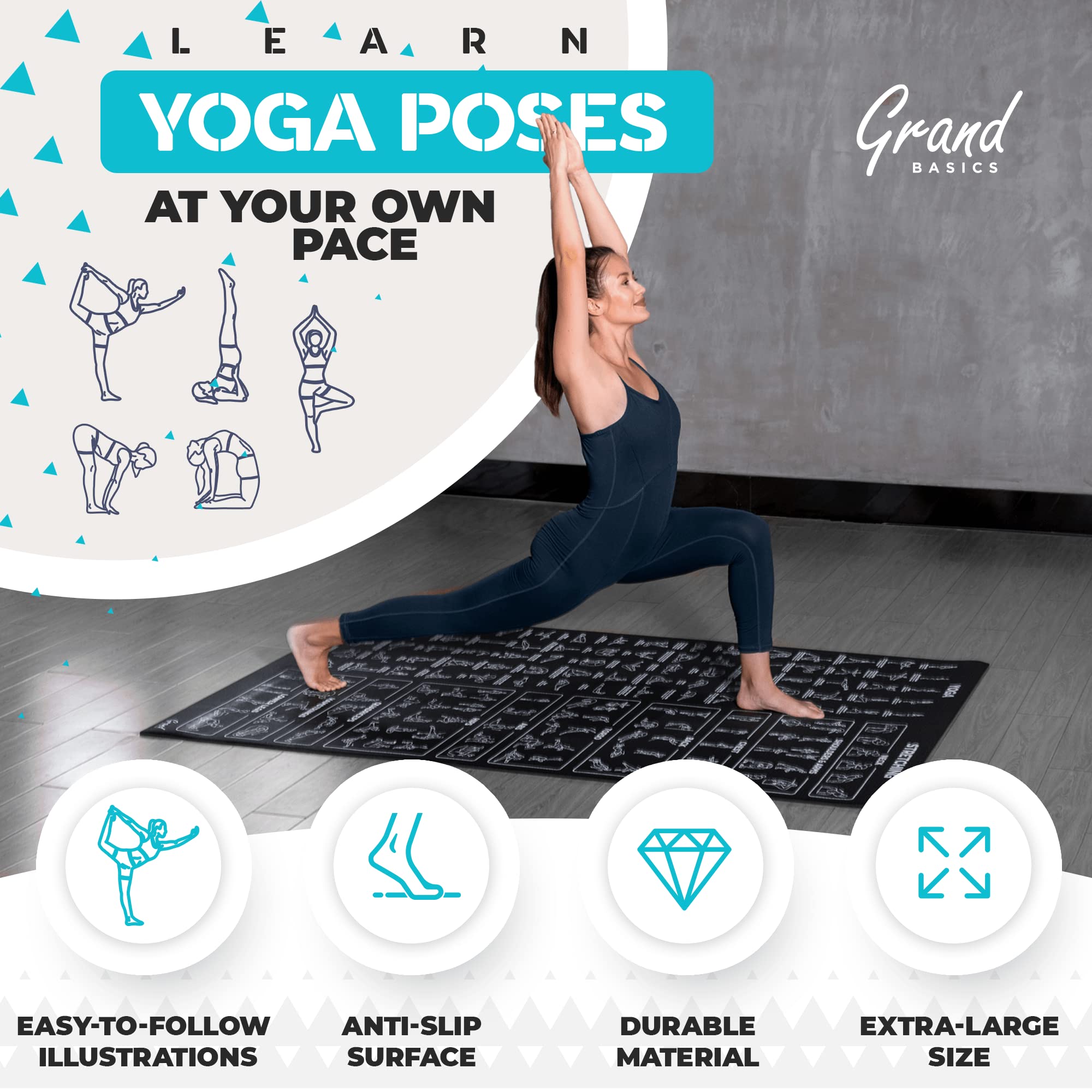 Extra-Large 6' x 4' Instructional Yoga Mat with Poses Printed On It - 2X Wider & Thicker than Regular Workout Mats - 150 Illustrated Yoga Poses and Stretches - Wide, Non-Slip, Barefoot Exercise Mat