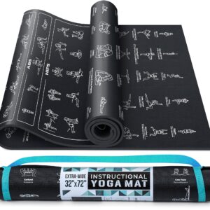 Instructional Yoga Mat with Carrying Strap: Cute Yoga Mat with 75 Illustrated Yoga Poses + 75 EasilyFollowed Stretching Exercises 14” Thick, NonToxic, NonSlip Yoga Mats for Women and Men (Jet