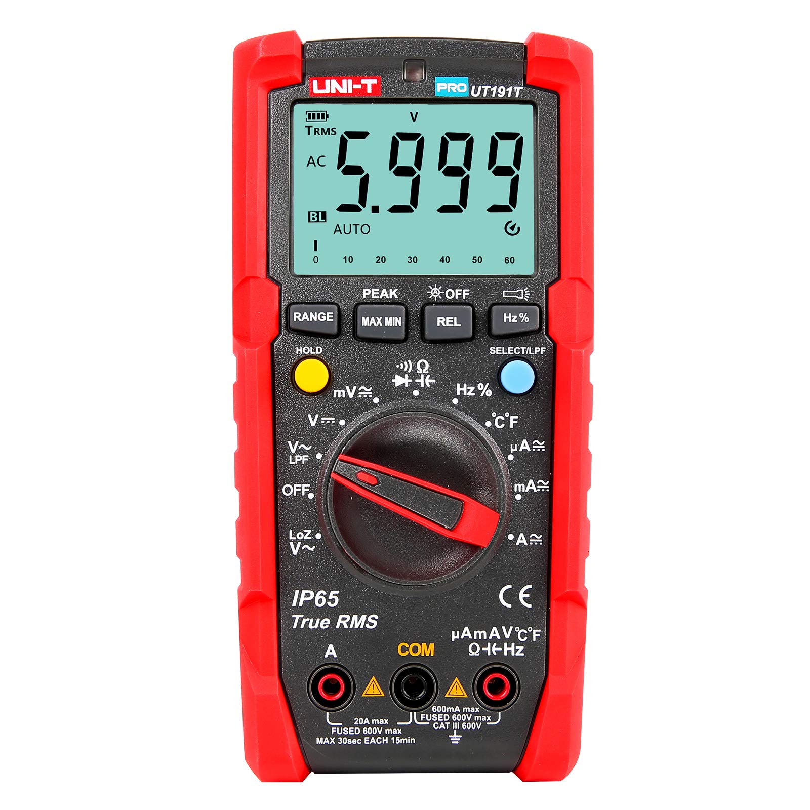 UNI-T Industrial Digital Multimeter UT191T (IP65, 2M Drop Test) True RMS 6000 Counts ACV LPF ACV Peak Hold AC DC Voltage Current LOZ ACV Temperature Resistance Capacitance Frequency Duty Cycle