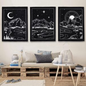 lifeel 3pack sun and moon and star landscape tapestry wall hanging, vertical black and white aesthetic tapestries for bedroom home wall decor 20×27 inch