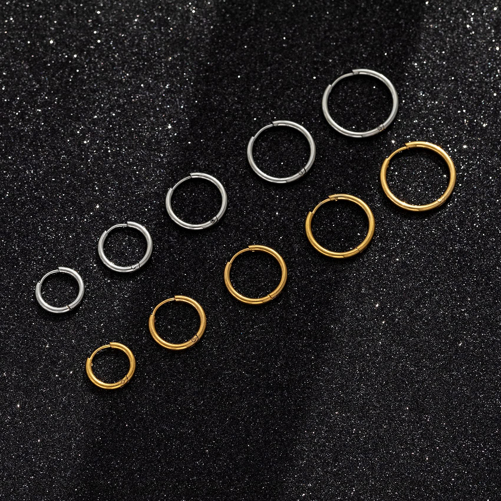 Senteria 10 Pairs Small Hoop Earrings for Women Stainless Steel Gold Silver Black Hypoallergenic Hoop Earrings Huggie Endless Hoop Earrings Set for Men 8/10/12/14/16mm