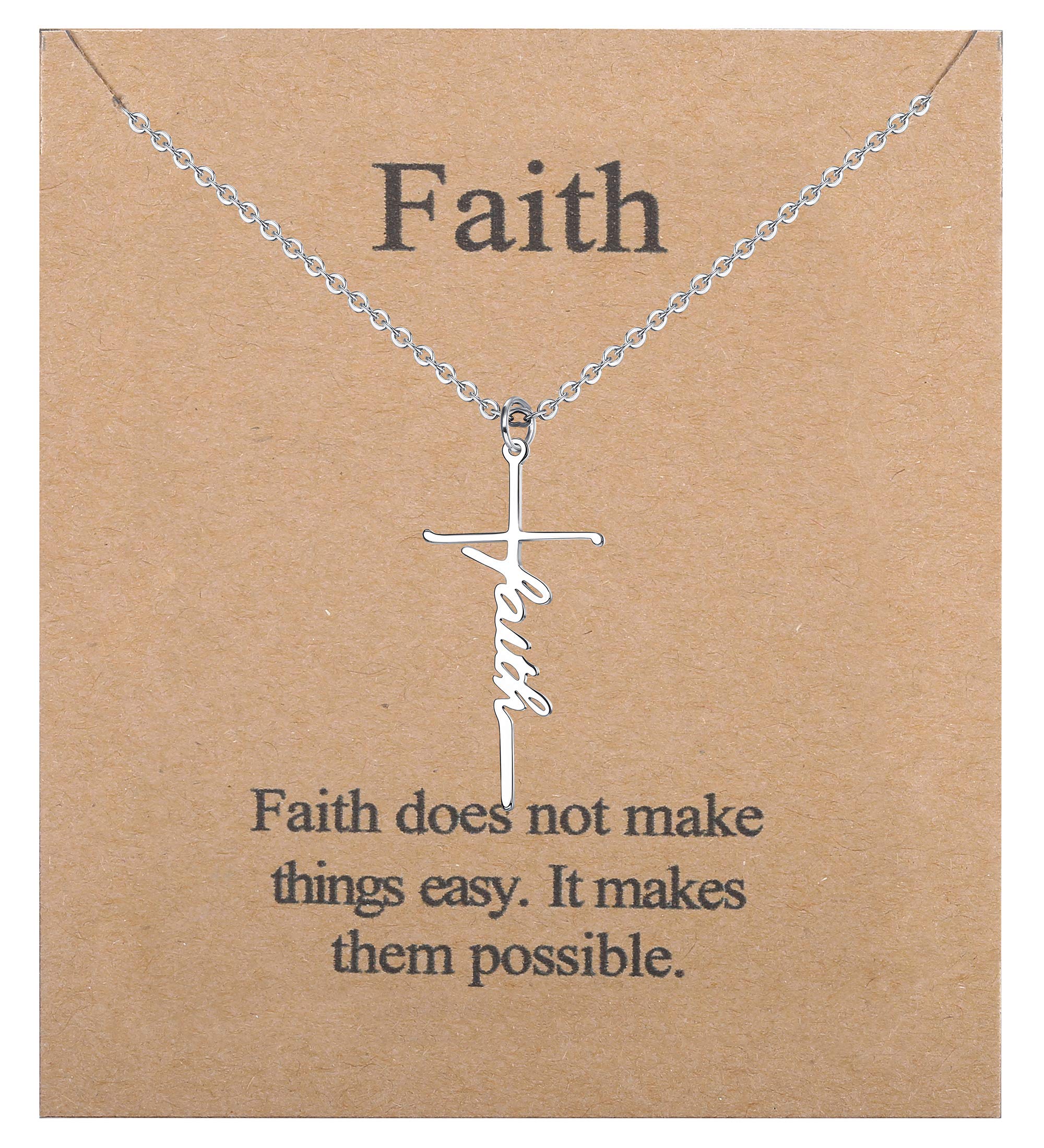 Jewenova Faith Cross Necklace Hope Loved Strength Pendant Necklace Religious Jewelry Gift for Women Dainty Y Pendant Chain Necklace with Meaning Card