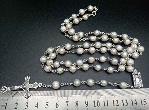 Jirehjill Rosary Beads Catholic for Woman - Pink Natural Real Pearl Rosary Beads.