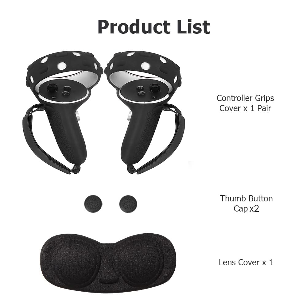 VR Controller Grips Cover with Anti-Throw Knuckle Strap + Lens Protector Cover for Oculus Quest 2 (Black)