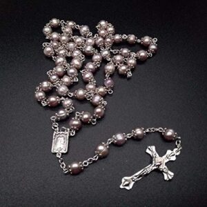 Jirehjill Rosary Beads Catholic for Woman - Pink Natural Real Pearl Rosary Beads.