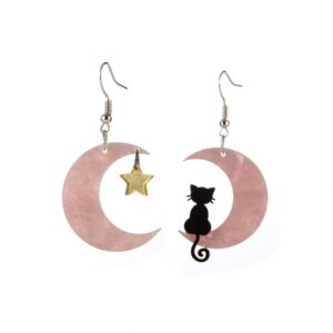 Black Cat on the Moon Dangle Earrings Acrylic Star Earrings Animal Lovely Women Jewelry-Pink